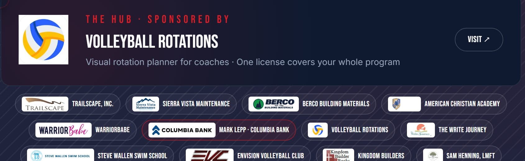 A sponsor bar on the standings page: a headline sponsor and a row of local sponsor logos